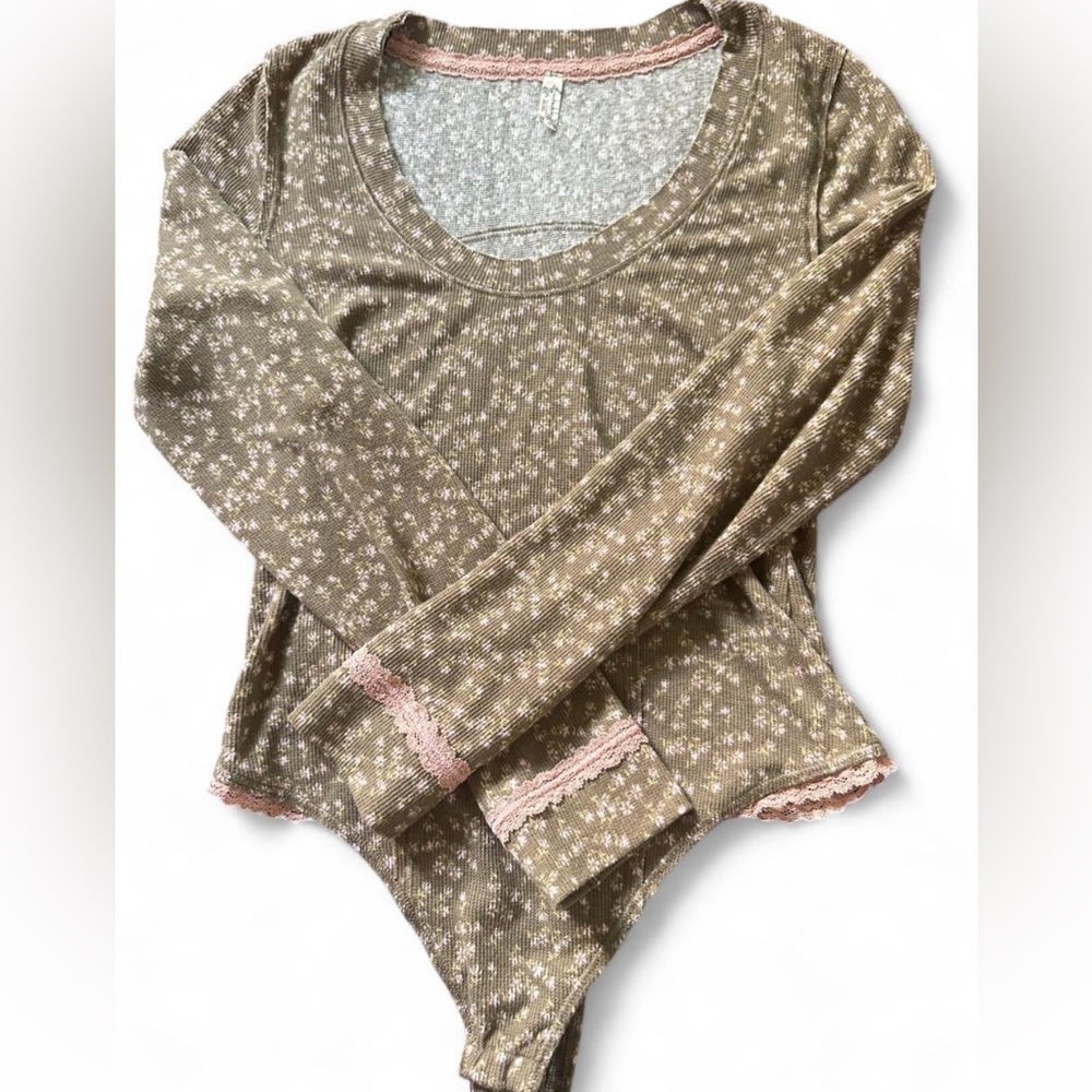 Free People Brown Ribbed Bodysuit with Pink Lace Trim
